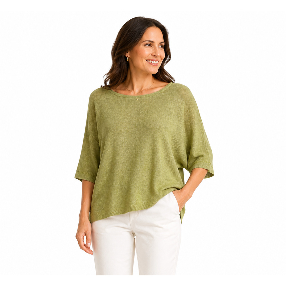 Chicos Womens Green Silver Metallic Dolman Sleeve Thin Linen Blend Sweater 3/ XL